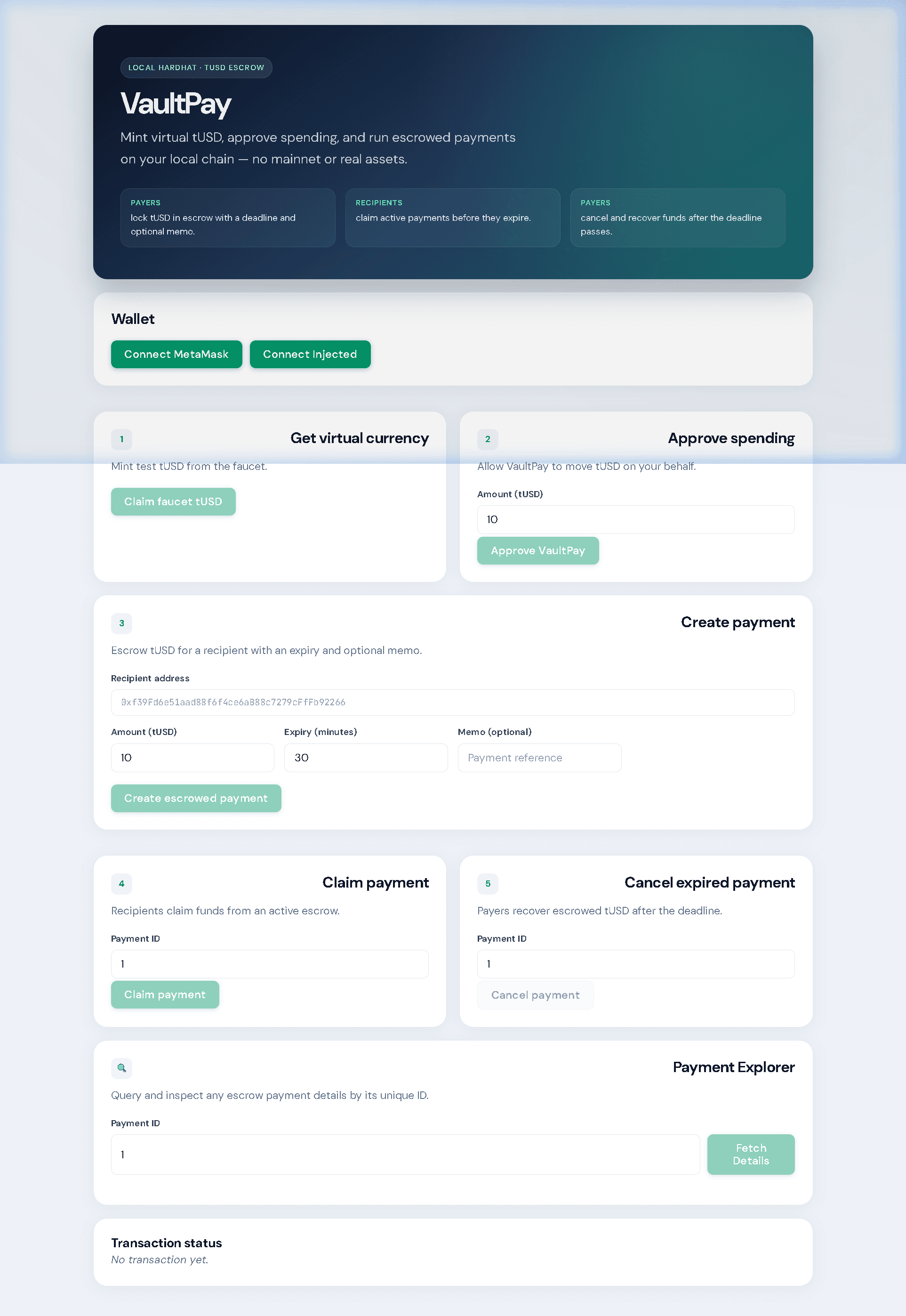 Preview of VaultPay — ERC20 Escrow dApp (Solidity + React) project - image 1